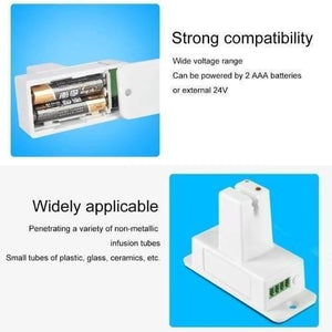 Non Contact Infusion Alarm Liquid Level Sensor Switch Xkc Y27 - a white sensor with a battery compartment for two AAA batteries and a terminal block.