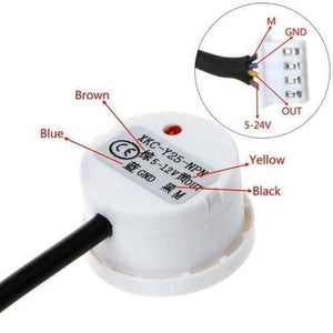 Non Contact Liquid Level Sensor Stick Type Water Detector Switch DC XKC-Y25-NPN - the white cylindrical body, color-coded wiring, and a close-up of the four-pin connector.