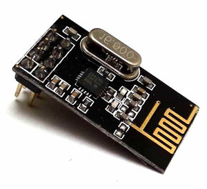 NRF24L01 2.4GHz Wireless Transceiver Module - a black circuit board, a metal crystal oscillator, an integrated antenna, and an eight-pin connector.