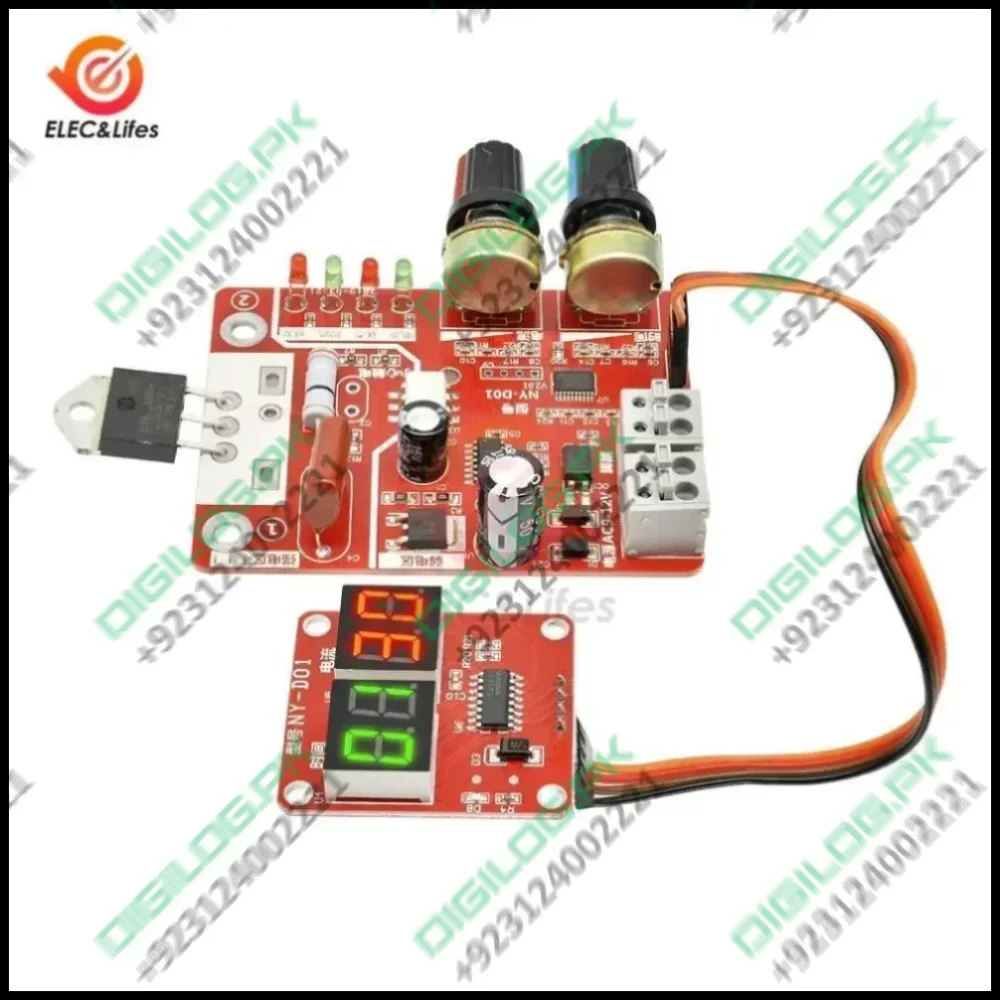 NY-D01 40A Digital Display Spot Welding Controller Ammeter Spot Welders Control Board Price - a red circuit board with two knobs, a display module with two screens, and a ribbon cable.