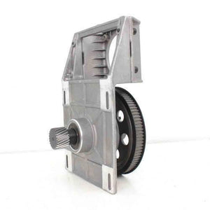 Oblique Teeth NEMA34 Helical Gearbox With Timing Belt For CNC Machine - a silver metal mounting bracket with an attached helical gear and a black timing belt pulley.