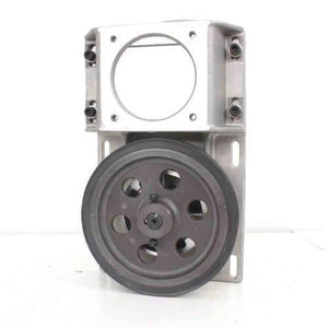 Oblique Teeth NEMA34 Helical Gearbox With Timing Belt For CNC Machine - a silver metal mounting bracket with a large dark grey pulley wheel attached.