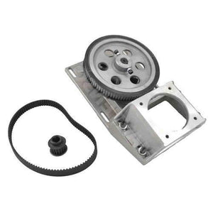 Oblique Teeth NEMA34 Helical Gearbox With Timing Belt For CNC Machine - silver metal mounting bracket, a large circular gear, a separate small black gear, and a black timing belt.