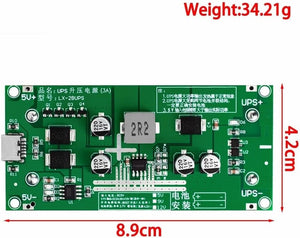 On Demand 15W 12V 3A 18650 Lithium Battery Charger DC-DC Step Up Booster UPS Uninterruptible Power Supply Converter Type C - a green rectangular circuit board with a Type-C port, capacitors, and dimension labels.
