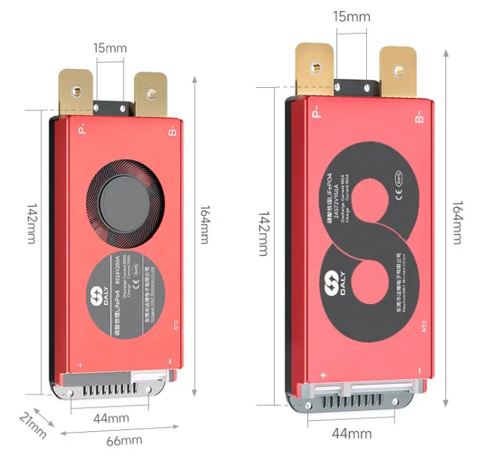 On Demand 20S LiFePO4 BMS M Series Standard BMS 3S to 24S 150A 200A BMS - two red rectangular battery management system units with dimension labels, metal terminals, and NTC sensor ports.