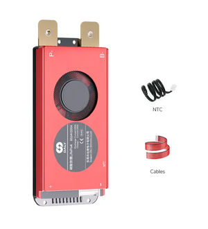 On Demand 20S LiFePO4 BMS M Series Standard BMS 3S to 24S 150A 200A BMS - a red rectangular unit with two metal terminals, a central fan, an NTC temperature sensor, and a ribbon cable.