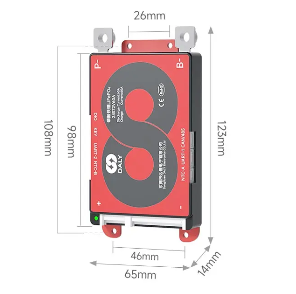 On Demand 48V LiFePO4 BMS DALY K Series Smart BMS 3S to 24S 40A 60A 100A - a red rectangular battery management system module with labeled ports and dimensions shown in a technical specification diagram.