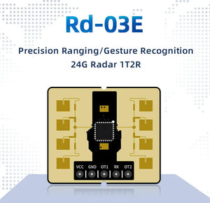 On Demand AI-Thinker RD-03E Radar Module Advance Payment - a square beige circuit board with a central black chip, eight gold antenna patches, and five labeled pins: VCC, GND, OT1, RX, and OT2.