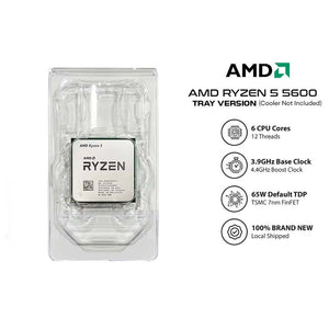 On Demand AMD Ryzen 5 5600 CPU - 6 Cores 4.4 GHz Boost AM4 Socket - in a clear plastic tray, shown next to a list of technical specifications and the AMD logo on a white background.