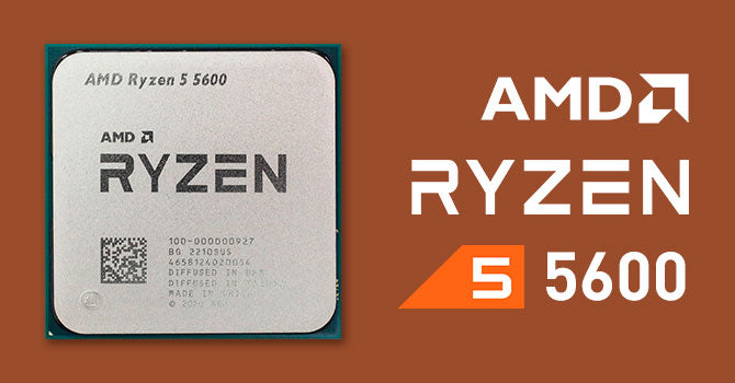 On Demand AMD Ryzen 5 5600 CPU - 6 Cores 4.4 GHz Boost AM4 Socket - shown as a silver-topped processor chip next to the brand name and model number in white text on a brown background.