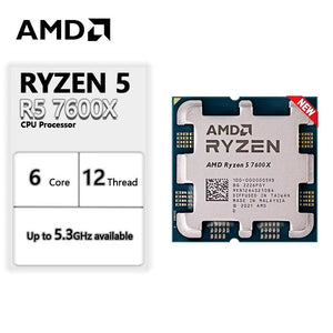 On Demand AMD Ryzen R5 7600X 6 cores and 12 threads Processor High-Performance AMD CPU for Gaming & Productivity - shown with a white specification card listing 6 cores, 12 threads, and up to 5.3GHz alongside the square metal CPU chip.