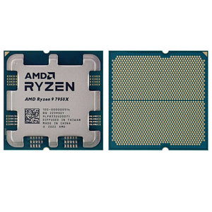 On Demand AMD Ryzen R9 7950X 16 cores and 32 threads Processor High-Performance AMD CPU for Gaming & Workstations - shown from both the top side with its heat spreader and the bottom side with its gold contact pins.