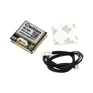 ON DEMAND Beitian GPS Module Antenna Integrated Beidou GMOUSE with Compass BE-880 - the circuit board with a white connector, a separate adhesive square, and a black cable with two white connectors.