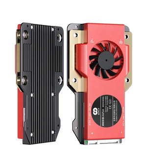 On Demand BMS 4S 12V LiFePO4 Smart BMS DALY S Series - two units, one with a black finned heatsink and one with a red casing featuring a cooling fan.