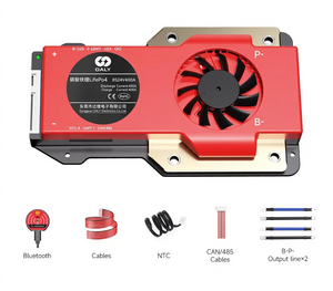 On Demand BMS 4S 12V LiFePO4 Smart BMS DALY S Series - 8S 24V 400A LiFePO4 Smart BMS in red with a cooling fan, shown with Bluetooth module, balance cables, NTC sensor, CAN/485 cables, and wires.