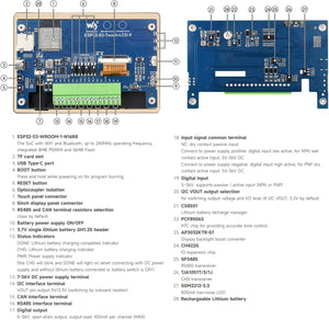 On Demand ESP32-S3 5inch Capacitive Touch Display Development Board, 5-Point Touch, 32-Bit LX7 Dual-Core Processor, Support Wi-Fi & BLE, with Onboard Antenna, 800×480 Display Resolution - shown in a technical diagram with numbered labels pointing to its ports, buttons, and components.