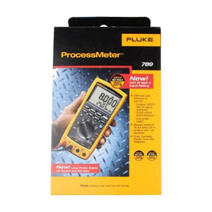 On Demand Fluke 789 Process Meter The Ultimate Loop Calibration Multimeter+ Fast Shipping - its yellow and black retail box, showing the handheld multimeter with a digital display reading 8.000 and 25.0.