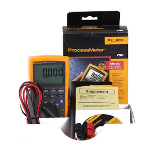 On Demand Fluke 789 Process Meter The Ultimate Loop Calibration Multimeter+ Fast Shipping - a yellow digital multimeter with a display reading 0.000, test leads, a box, a manual supplement, and a software disc.