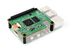 On-demand Official Raspberry Pi AI HAT+ 2, Built-in Hailo-10H AI Accelerator And 8GB Onboard RAM, Comes With Heatsink - a green circuit board with a black processor chip mounted on top of a semi-transparent Raspberry Pi computer with four spacers.