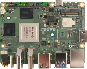 On Demand Radxa ROCK 5B RK3588 Rockchip 8-core CPU SBC, HDMI 8k Output, M.2 M Key Connector with PCIe 3.0, 4/8/16/32GB Option Single Board - a green rectangular circuit board with a central Rockchip processor, various ports, and an M.2 connector.