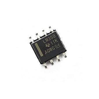 Op Amp LM358 SMD - a black, rectangular integrated circuit chip with eight metal pins, shown in a close-up view against a white background.