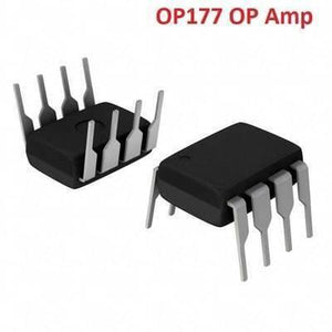 OP177 Op Amp Ultra Precision Operational Amplifier IC - two black 8-pin integrated circuit chips with silver metal leads viewed from different angles.