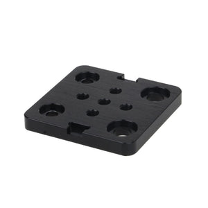 Openbuilds Special Slide Plate For Aluminum Profiles - a square, black metal plate featuring four large countersunk corner holes and five threaded holes.