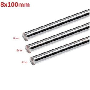 Optical Axis 8x100mm Linear Rail Shaft - three identical cylindrical silver metal rods arranged diagonally with 8mm labels.