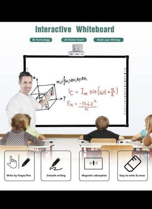 Optiview Interactive Whiteboard Touchable Display 82 Inch Size Working With Projector OPV-WB82 - a teacher writing physics equations on the large white screen in a classroom setting with four icons below.