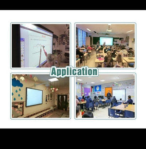 Optiview Interactive Whiteboard Touchable Display 82 Inch Size Working With Projector OPV-WB82 - four classroom scenes with students and teachers using the whiteboards for lessons.