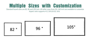 Optiview Interactive Whiteboard Touchable Display 82 Inch Size Working With Projector OPV-WB82 - a diagram of three rectangular whiteboards in 82, 96, and 105-inch sizes with text about customization and ratios.