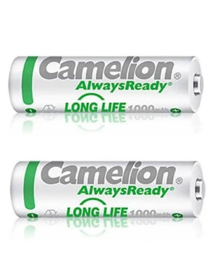 Original AA 1.2V Camelion Rechargeable Cell Original Battery AA Camelion 1000mAh Always Ready Rechargeable Cell Pack - two white and green cylindrical 1.2V cells with 1000mAh capacity printed on the labels.