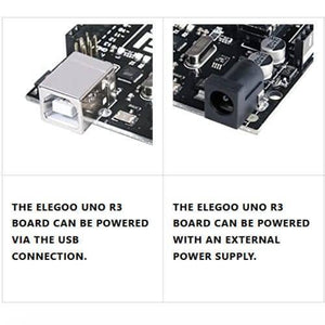 Original ELEGOO UNO R3 Board with USB Cable Compatible with Arduino IDE - close-up showing the black circuit board's USB port and the external DC power jack connector.