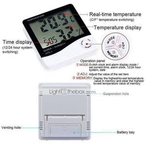 Original Htc 1 Temperature Humidity Meter Hygrometer - a white digital device with a screen displaying 20.9C, 32% humidity, and 5:05, plus rear battery bay.