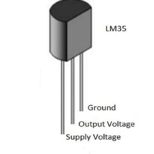 Original LM35 Temperature Sensor - shown as a black, semi-cylindrical electronic component with three downward-extending metal pins labeled Supply, Output, and Ground.