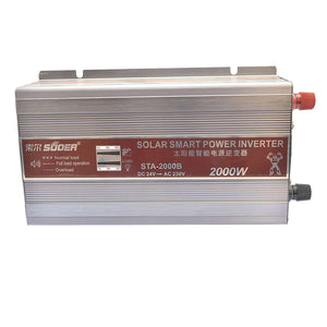 Original Suoer 24V 2000W Inverter STA-2000B 2022 Modified Sine Wave Solar Power USB 24V DC to 220VAC - a rectangular silver metal unit with a front display showing load and battery levels and two terminals.