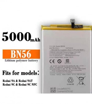 Original Xiaomi Redmi 9A 9c Poco M2 Pro Battery Replacement BN56 Battery With 5000mAh Capacity Silver - a rectangular silver lithium-ion replacement battery with a black connector ribbon and printed technical specifications.