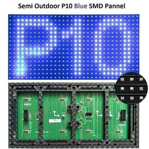 P10 Blue SMD LED Display Panel Semi Outdoor LED Module - the front side with "P10" displayed in blue lights and the green back side with two HUB12 connectors.