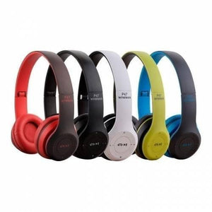 P47 Wireless Bluetooth Headphone - shown in five different colors: red, black, white, lime green, and blue, all featuring side-mounted control buttons.