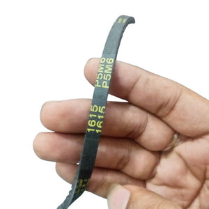 P5M6 1615 timing belt - a close-up shot showing a hand holding the black, toothed rubber belt with the text "1615" and "P5M6" printed on its surface.