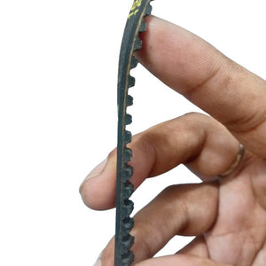P5M6 1615 timing belt - a close-up view of a black toothed rubber belt being held by a hand.