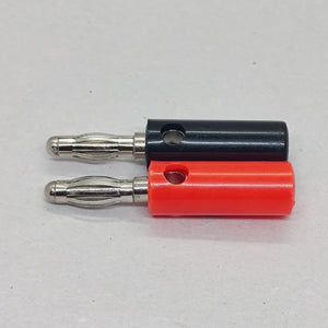 Pair of 4mm Banana Plugs - one black and one red connector with a metallic spring-loaded tip and a side-entry hole for wire connection.