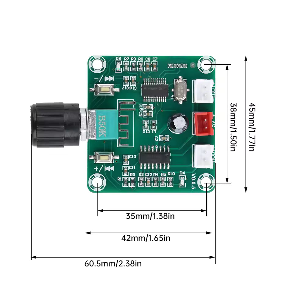 PAM8403 Ultra Clear Bluetooth 5.0 Power Amplifier Board Dual-Channel HW-894 - shown from above with dimension lines, featuring a green PCB, a volume knob, buttons, and three connectors.