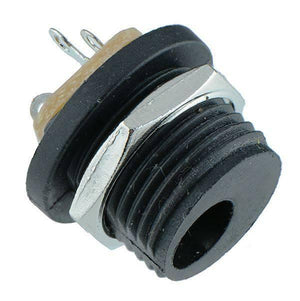 Panel Mounting DC Power Socket 12VDC 1A 5.5 x 2.1mm - shown as a black, threaded cylindrical connector with two metal solder terminals at the rear.
