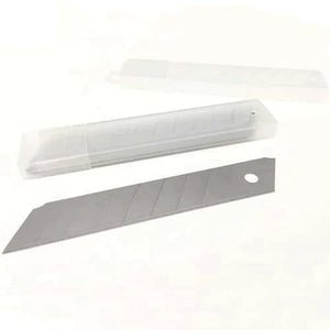 Paper Cutter Knife Blade in Plastic Tube Packing 10 PCS - a single metallic snap-off blade lying in front of a translucent plastic storage tube.