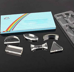 Parallel Lens Kit - 6 Piece Convex Lens Optical Experiment Set - a set of six clear glass lenses and prisms arranged on a black surface.