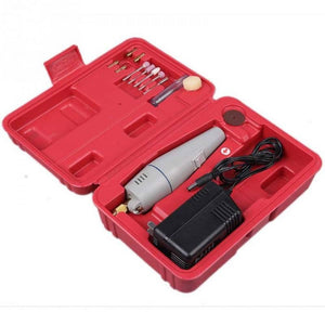 PCB Electric Drill Grinder Machine Kit - shown in an open red plastic carrying case with a grey handheld tool, a black power adapter, and various bits.