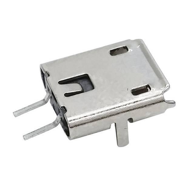 PCB Mount Micro USB Connector - a silver-colored metal micro USB port with two rear pins and two side mounting tabs shown in a close-up.