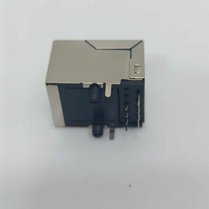 PCB Mount RJ45 Ethernet Connector - a silver metal-shielded rectangular housing with black plastic components and vertical pins on a white background.