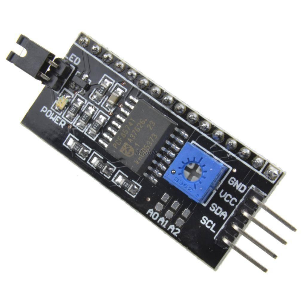 PCF8574 IIC I2c Serial Interface Adapter Module IIC I2C LCD Module - a black rectangular circuit board featuring a blue potentiometer, a 4-pin header, and a jumper.